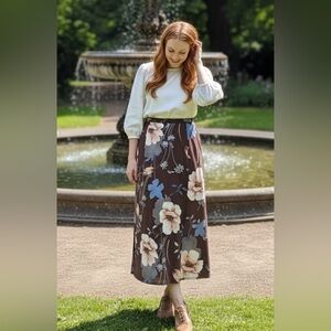 Vtg Cottagecore Floral Midi Skirt Sz L Runs Small 90s Y2K Coquette Phoebe Buffay